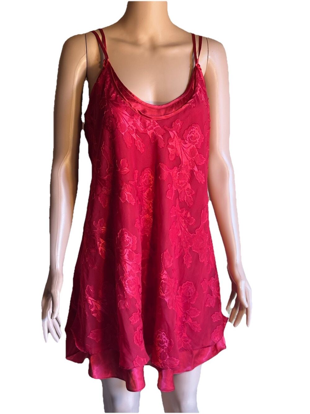 Vintage Inner Most Red Chemise Gown S Liquid Satin Lace Overlay
